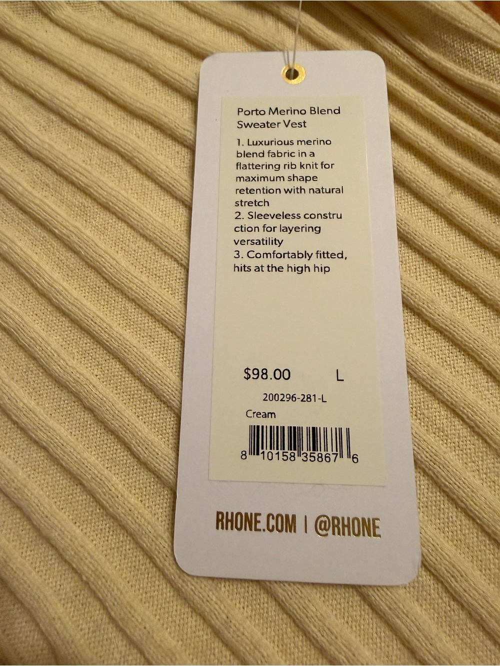 RHONE Women’s Porto Merino Wool Blend Sweater Vest Sleeveless Cream Sz L NWT - Picture 8 of 9